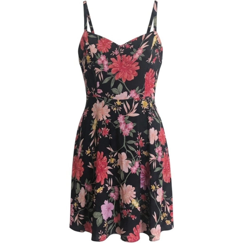 L Floral Mini Dress Black Red Pink Botanical Print Smocked Back Adj. Strap